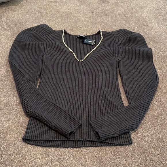 Express Sweaters Vintage Look Puffy Shoulder Embellished Neckline
